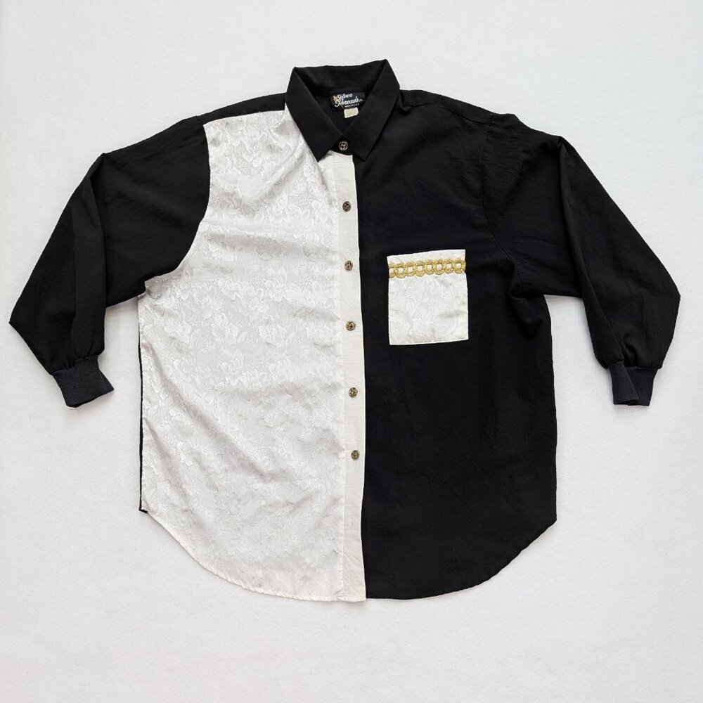 Silver Threads Vintage 80s 90s Women's Top SIze 2X Black White Half Split Button